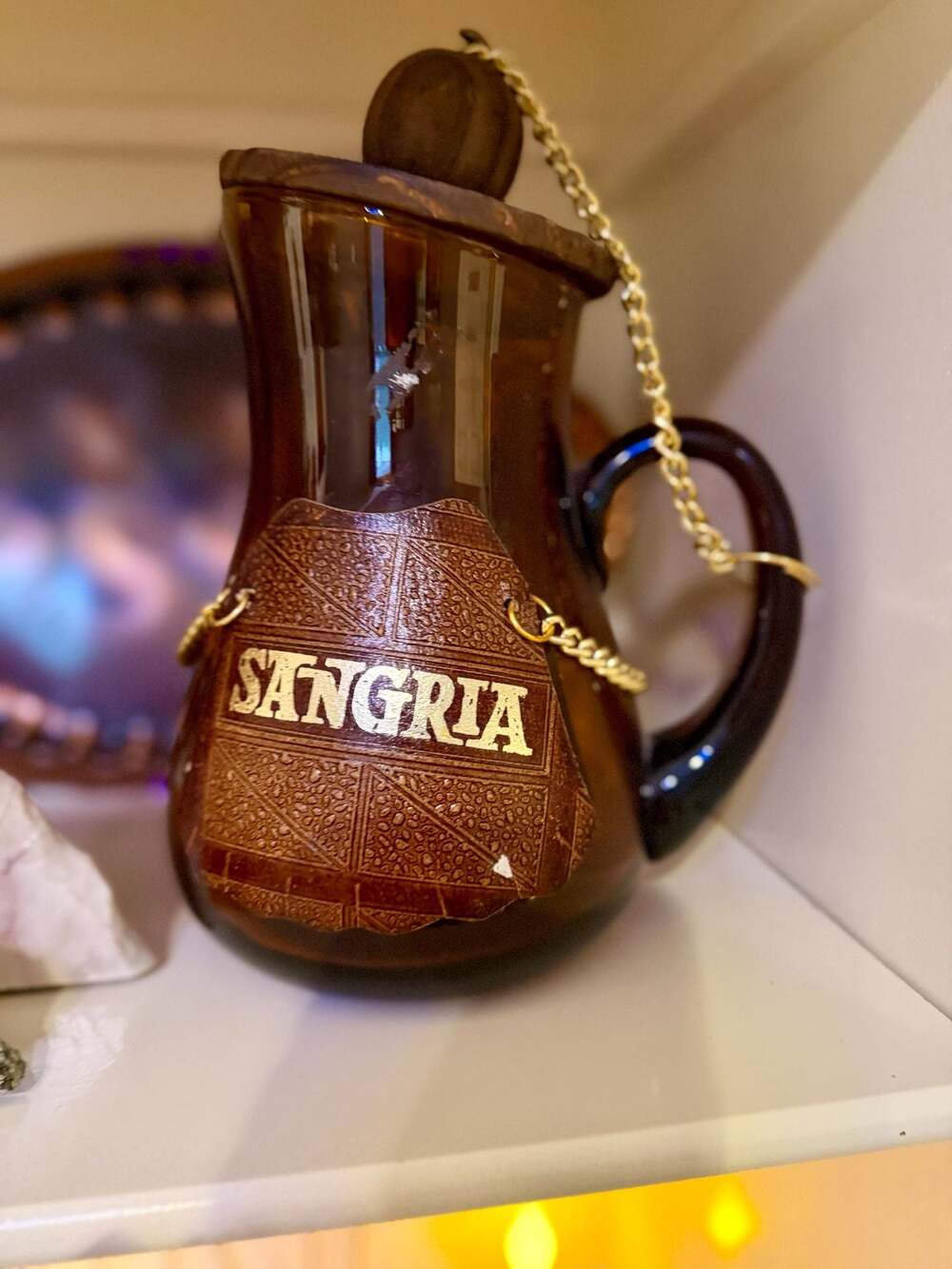 Vintage Spanish Amber Glass Sangria Pitcher Wooden Lid Chain